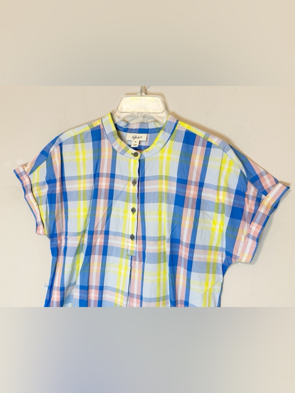 Style &Co Pink Yellow and Blue Plaid Shirtdress w/buttons Shortsleeve - LP - Picture 5 of 10